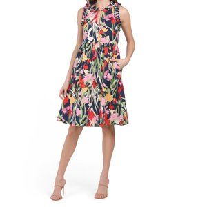 MAGGY LONDON Navy/Pink Poplin Trapeze With Tie Neck Dress